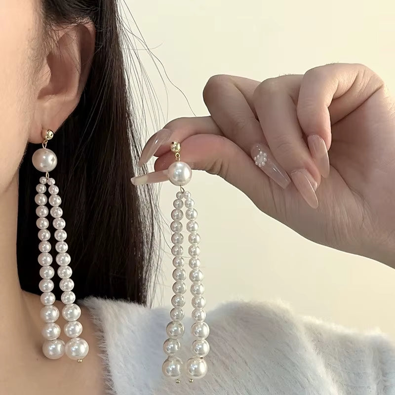 New Elegant French Style Imitation Pearl Bowknot Tassel Drop Earrings Women Wedding Party Pearl Beads Handmade Earring Jewelry