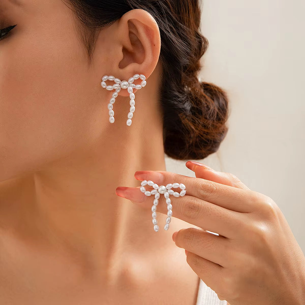 New Elegant French Style Imitation Pearl Bowknot Tassel Drop Earrings Women Wedding Party Pearl Beads Handmade Earring Jewelry