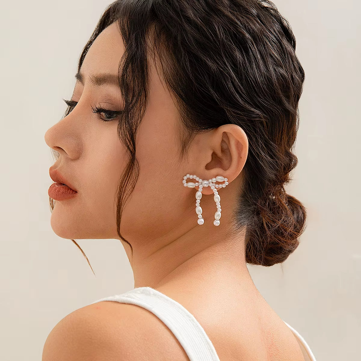 New Elegant French Style Imitation Pearl Bowknot Tassel Drop Earrings Women Wedding Party Pearl Beads Handmade Earring Jewelry