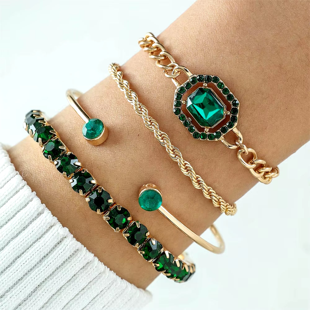 4Pcs/Set Fashionable Snake Imitation Gemstone Bangle Rhinestone Full Metal Bracelet Set for Women'S Jewelry Birthday Party Gifts