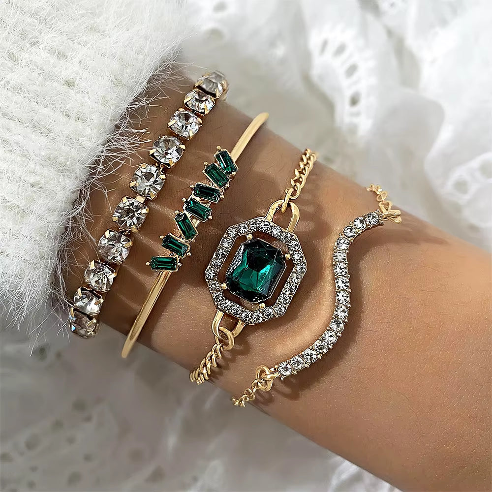 4Pcs/Set Fashionable Snake Imitation Gemstone Bangle Rhinestone Full Metal Bracelet Set for Women'S Jewelry Birthday Party Gifts