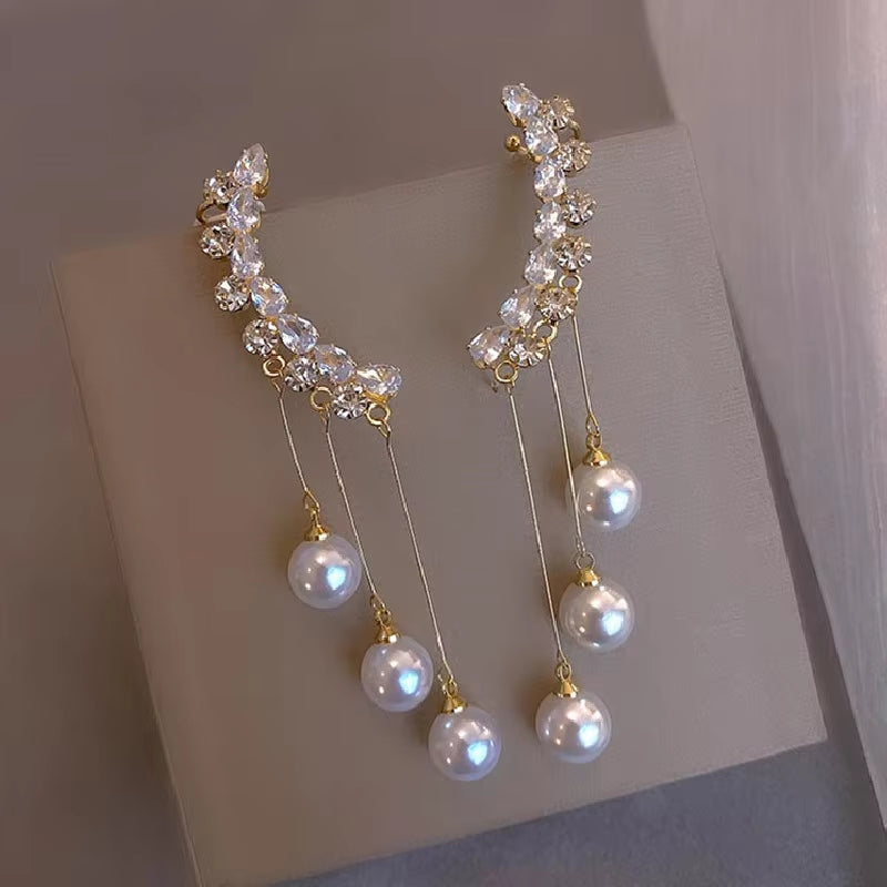 2023 New Classic Elegant Imitation Double Pearl Dangle Earrings for Women Crystal Long Tassel Drop Earring Wedding Jewelry Gifts