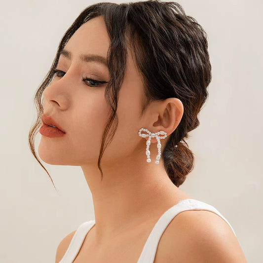 New Elegant French Style Imitation Pearl Bowknot Tassel Drop Earrings Women Wedding Party Pearl Beads Handmade Earring Jewelry