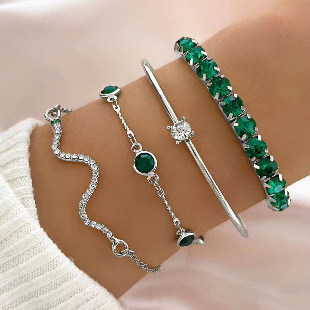 4Pcs/Set Fashionable Snake Imitation Gemstone Bangle Rhinestone Full Metal Bracelet Set for Women'S Jewelry Birthday Party Gifts