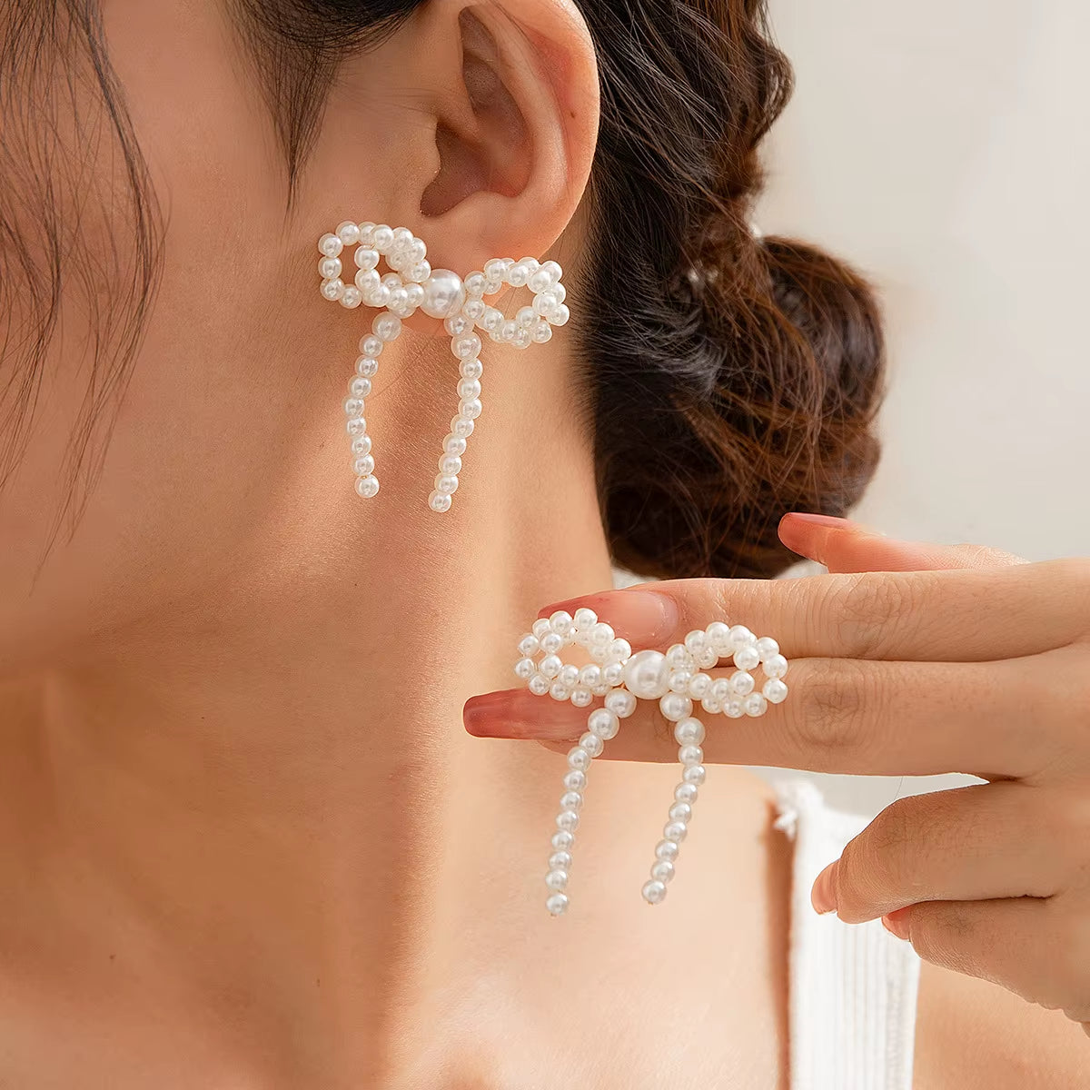 New Elegant French Style Imitation Pearl Bowknot Tassel Drop Earrings Women Wedding Party Pearl Beads Handmade Earring Jewelry