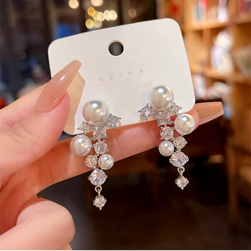 2023 New Classic Elegant Imitation Double Pearl Dangle Earrings for Women Crystal Long Tassel Drop Earring Wedding Jewelry Gifts