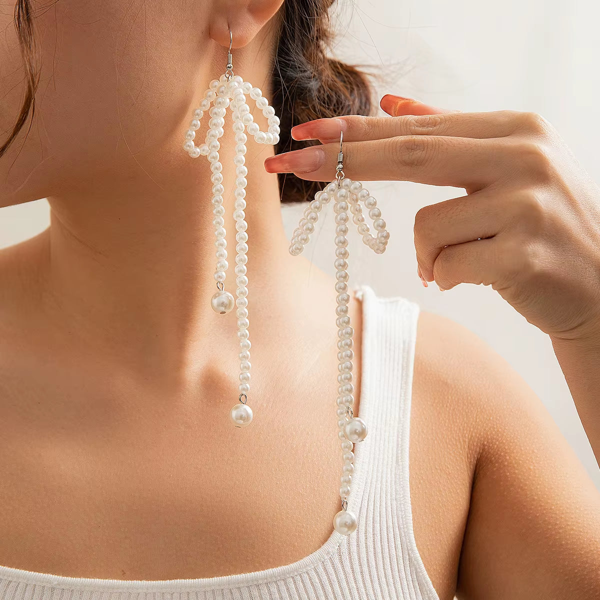 New Elegant French Style Imitation Pearl Bowknot Tassel Drop Earrings Women Wedding Party Pearl Beads Handmade Earring Jewelry