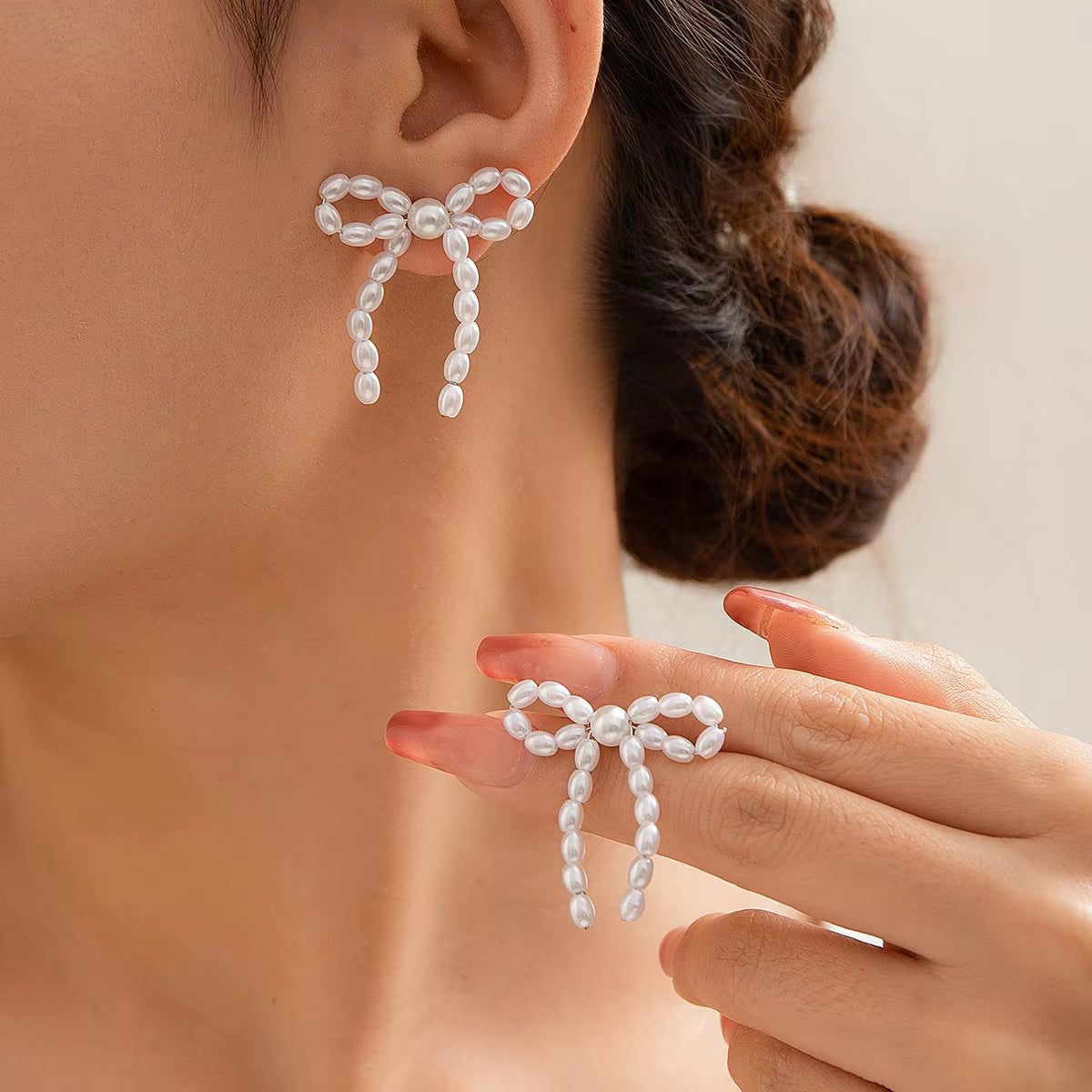 New Elegant French Style Imitation Pearl Bowknot Tassel Drop Earrings Women Wedding Party Pearl Beads Handmade Earring Jewelry