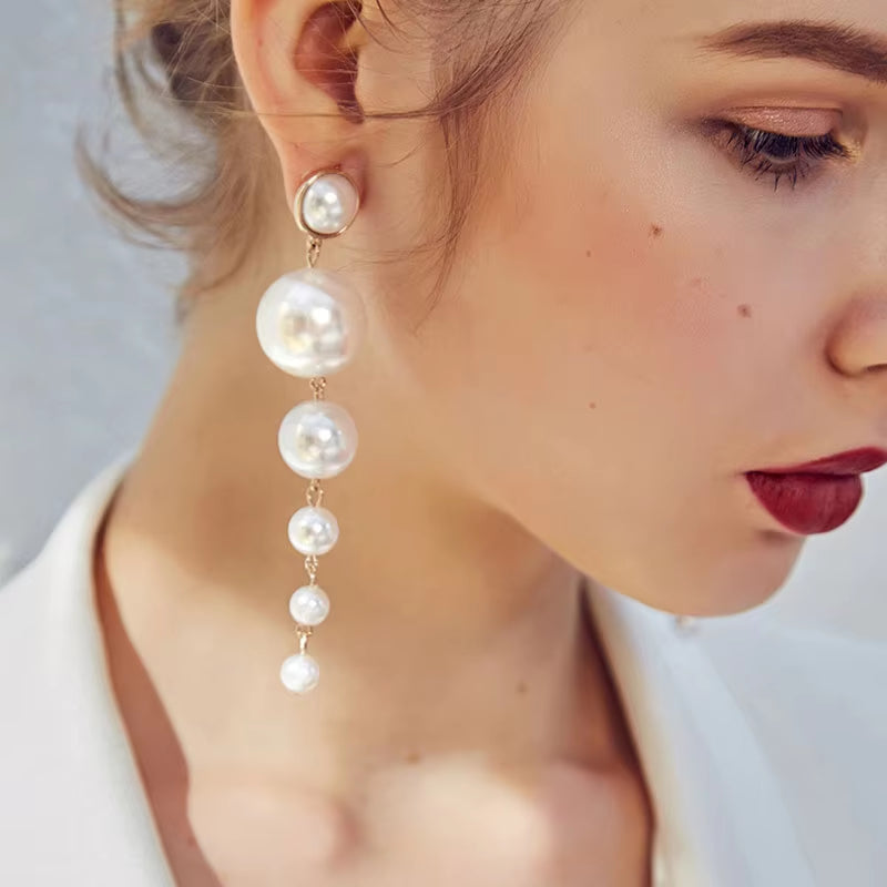 2023 New Classic Elegant Imitation Double Pearl Dangle Earrings for Women Crystal Long Tassel Drop Earring Wedding Jewelry Gifts