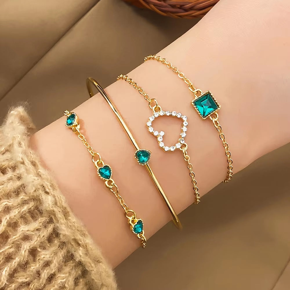 4Pcs/Set Fashionable Snake Imitation Gemstone Bangle Rhinestone Full Metal Bracelet Set for Women'S Jewelry Birthday Party Gifts